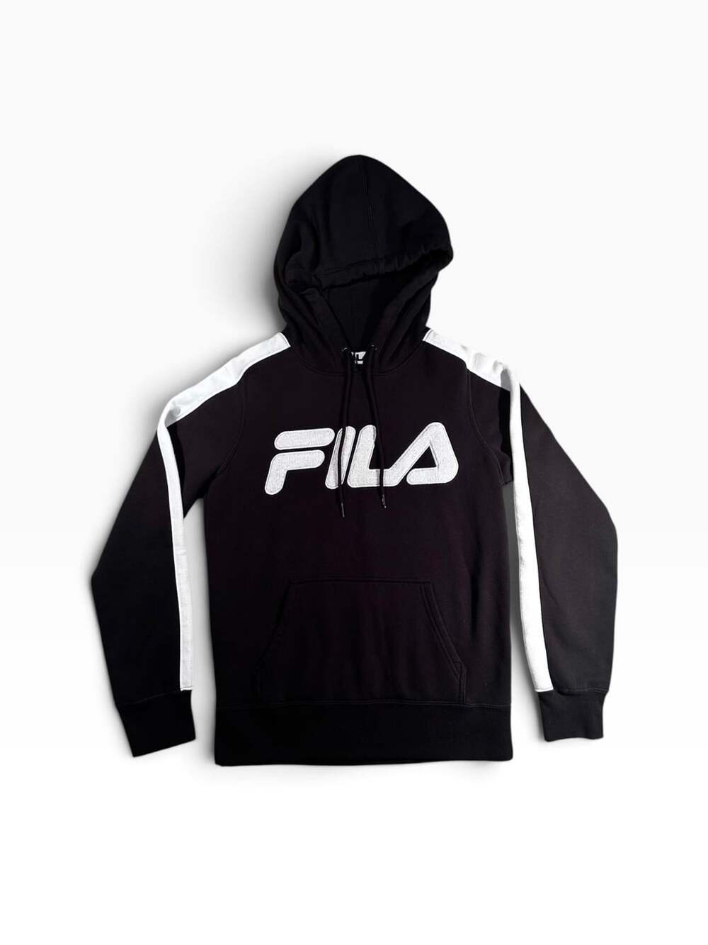 Fila Black and White Pullover Hoodie with Striped Sleeves